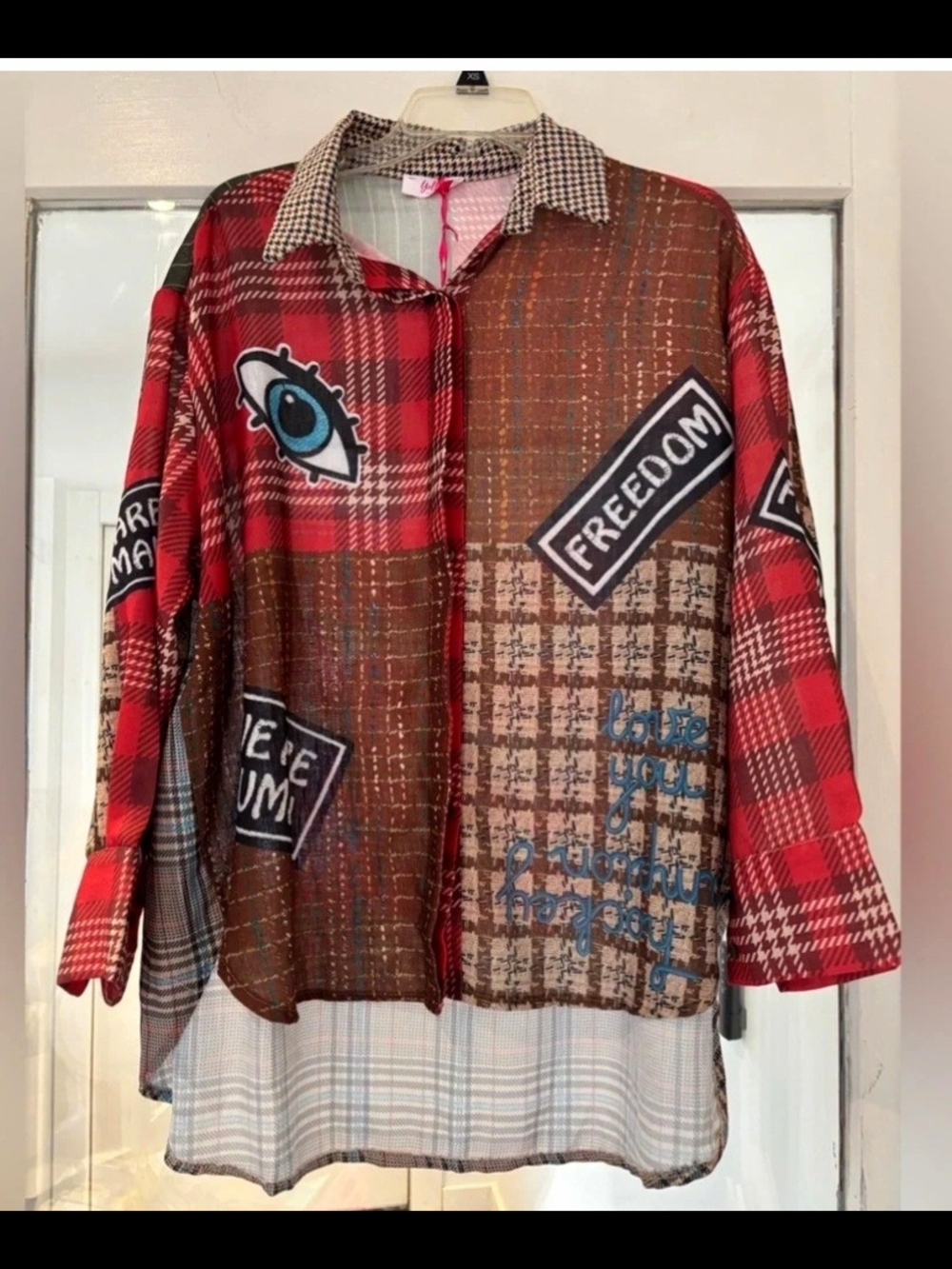 Yolly Italy Patchwork Button-Down Hi Low Shirt - Red & Brown Plaid